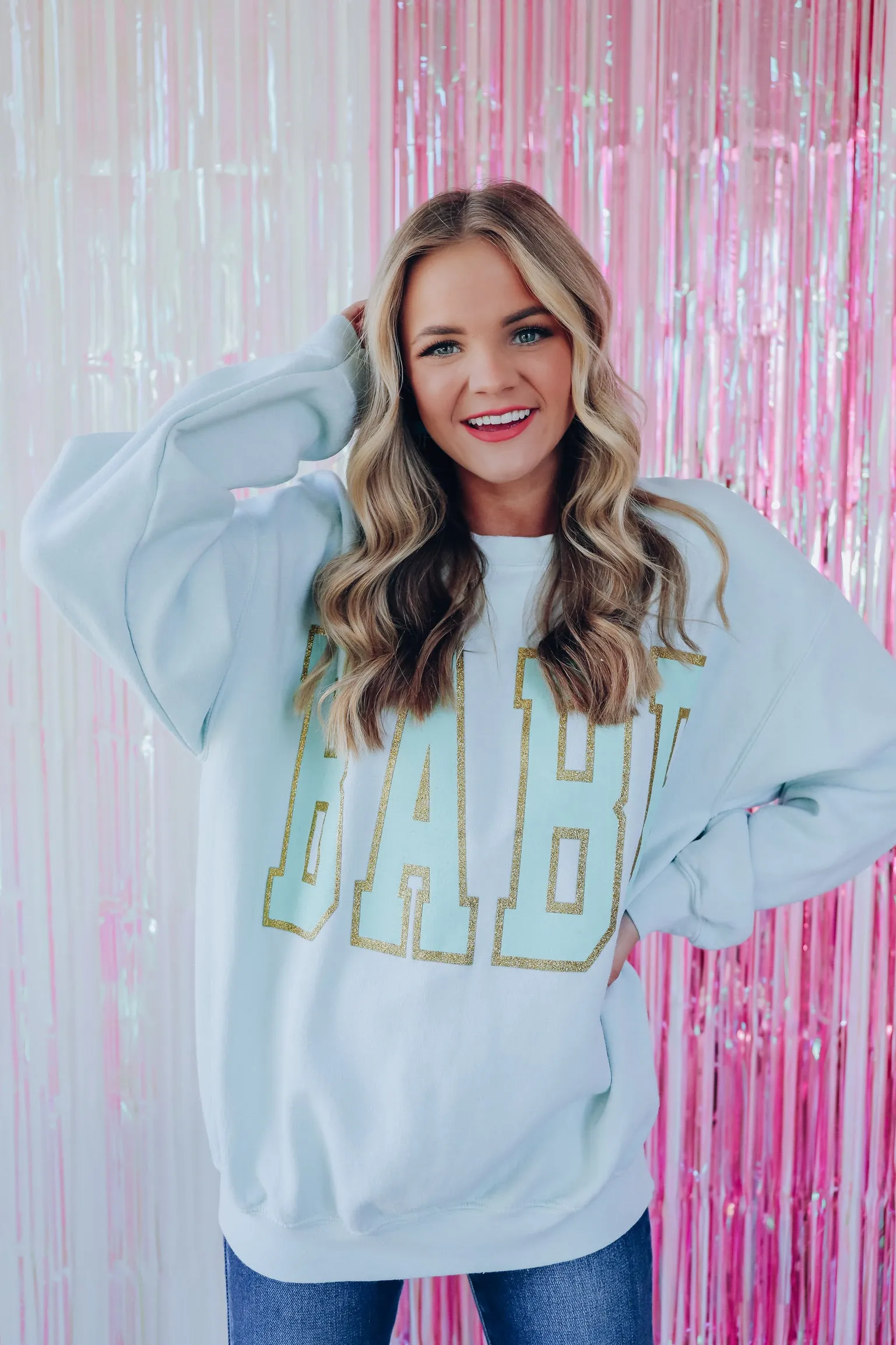 Babe Glitter Graphic Sweatshirt - Light Sage