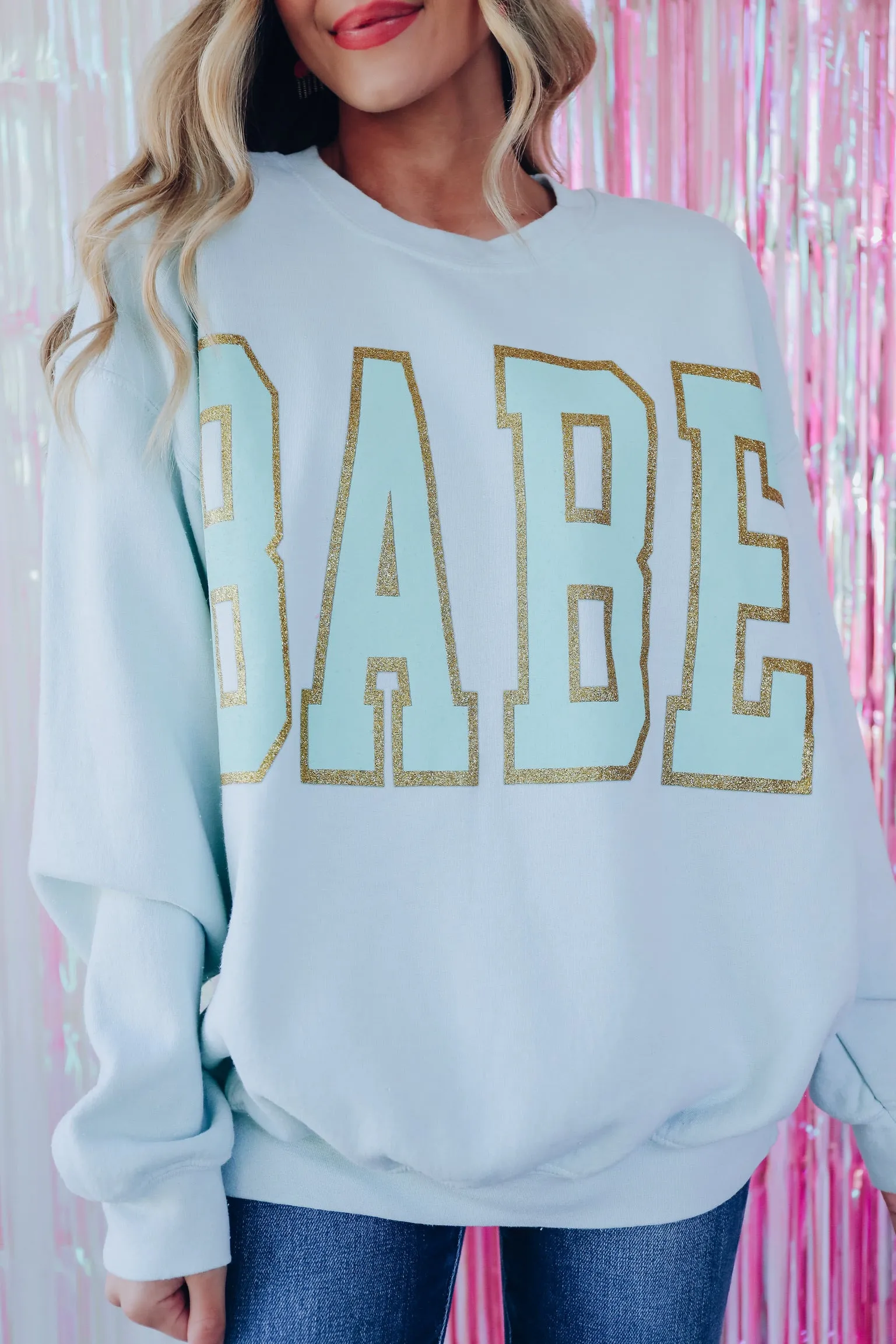 Babe Glitter Graphic Sweatshirt - Light Sage