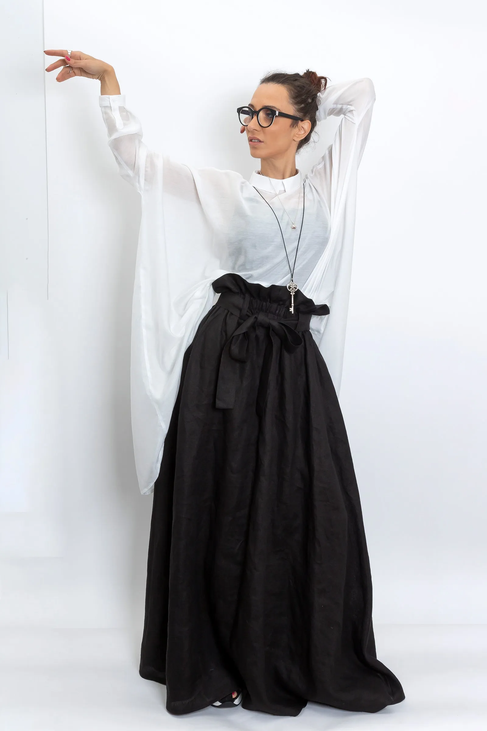 Black Linen Maxi Skirt with Belt