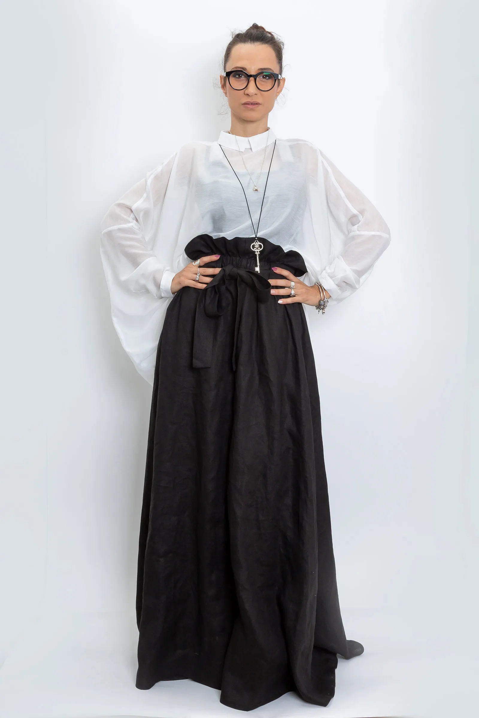 Black Linen Maxi Skirt with Belt