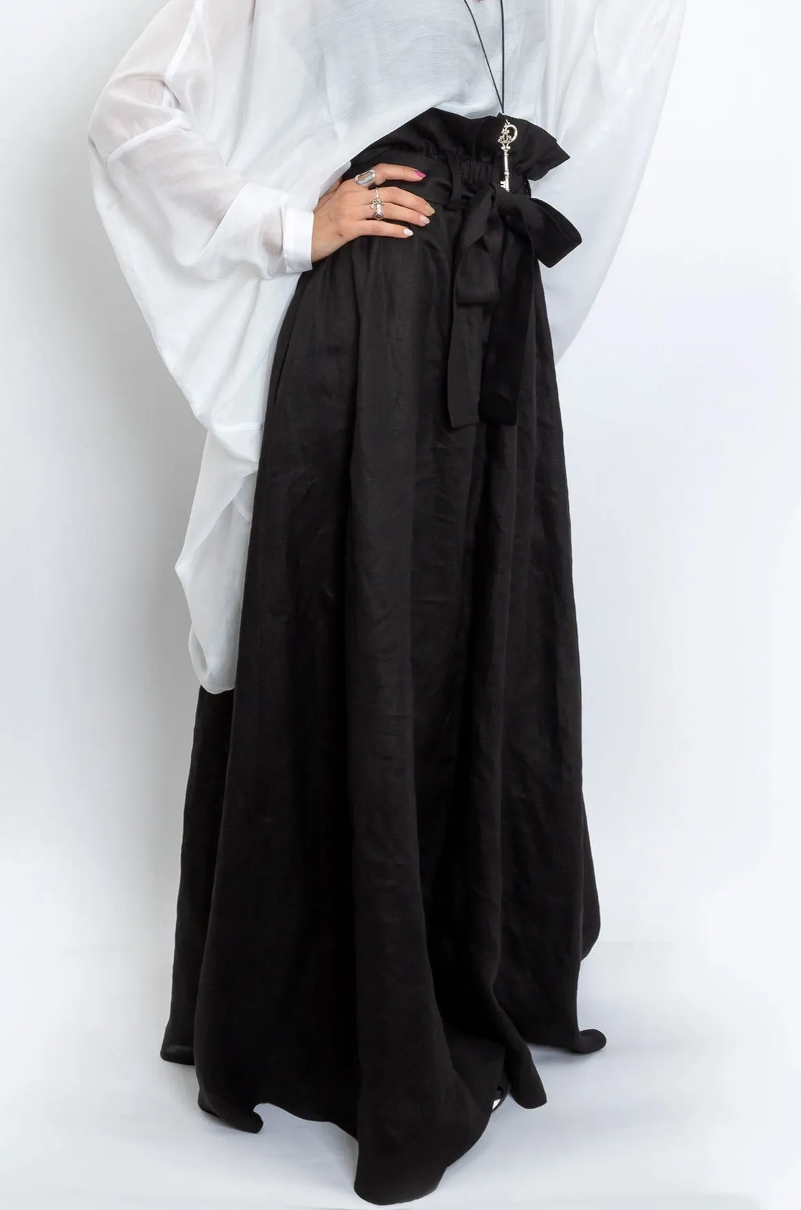 Black Linen Maxi Skirt with Belt