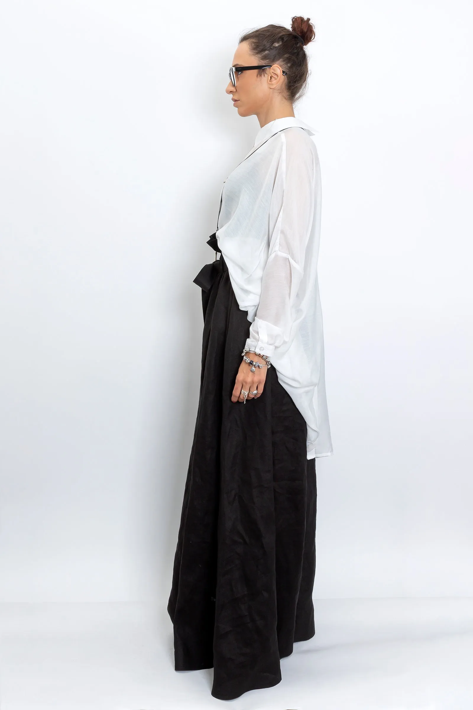 Black Linen Maxi Skirt with Belt