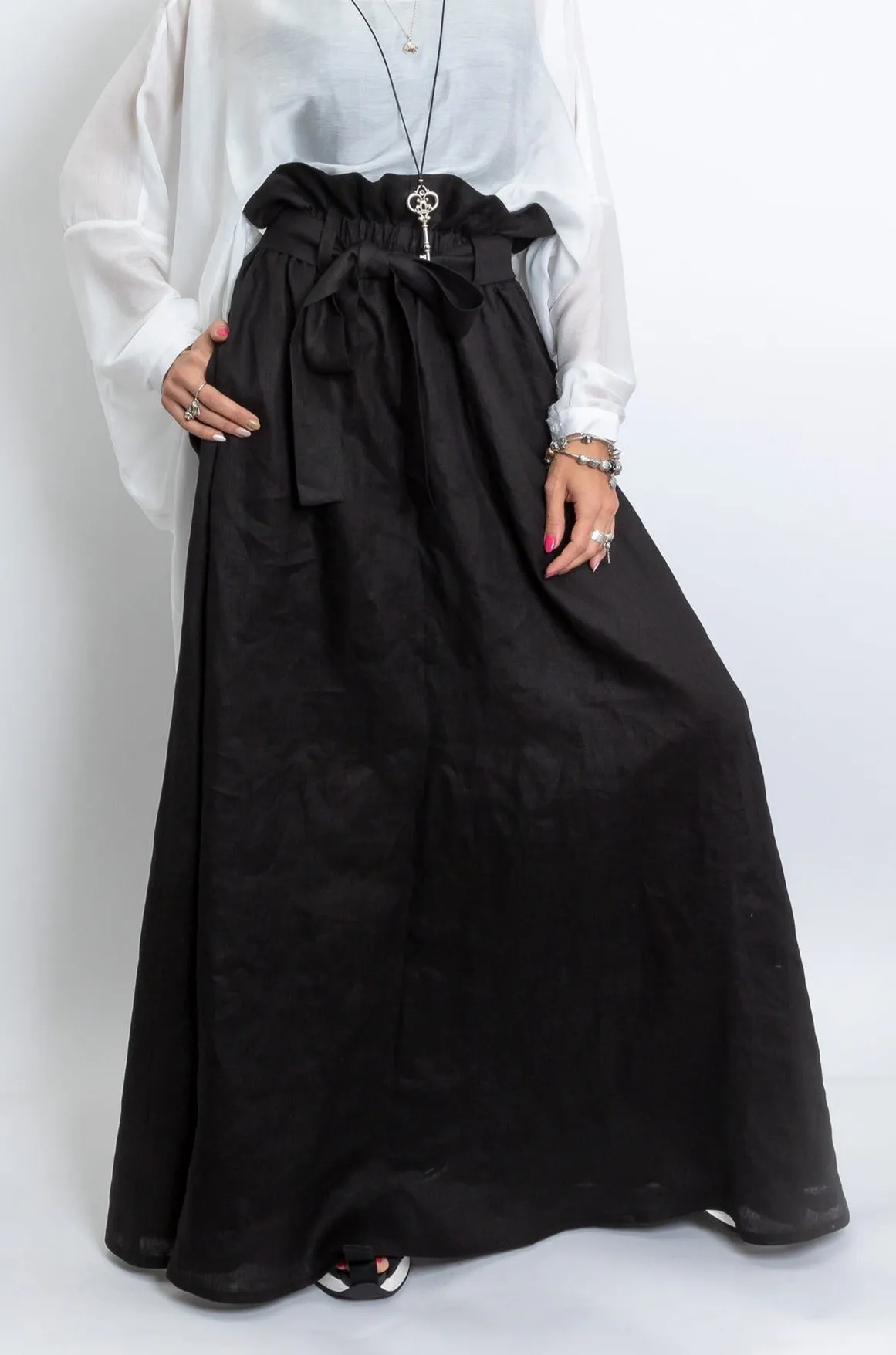 Black Linen Maxi Skirt with Belt