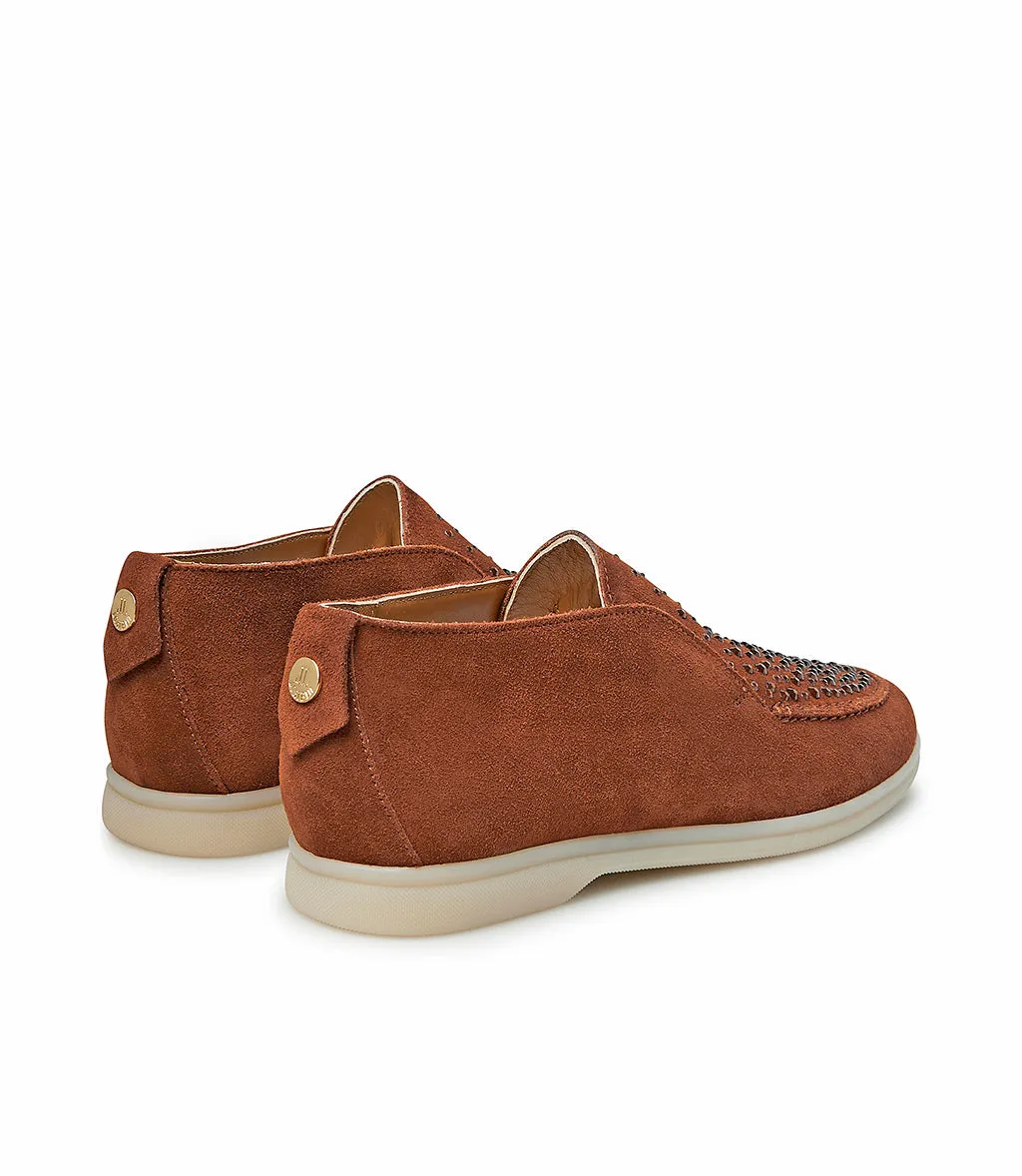 Crystal-embellished Rust-tone suede loafers