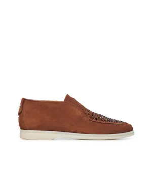 Crystal-embellished Rust-tone suede loafers