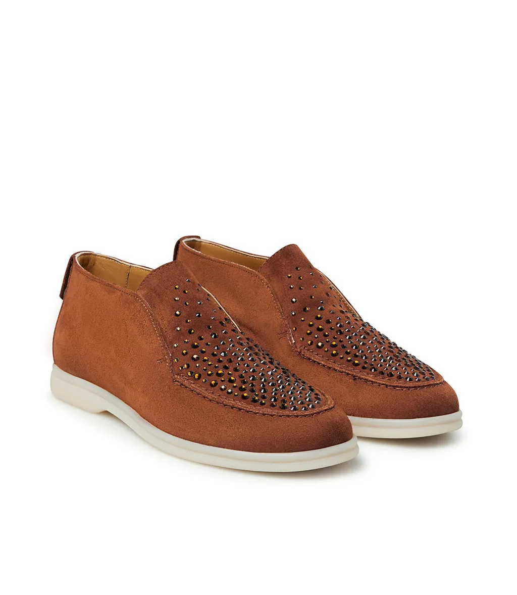 Crystal-embellished Rust-tone suede loafers