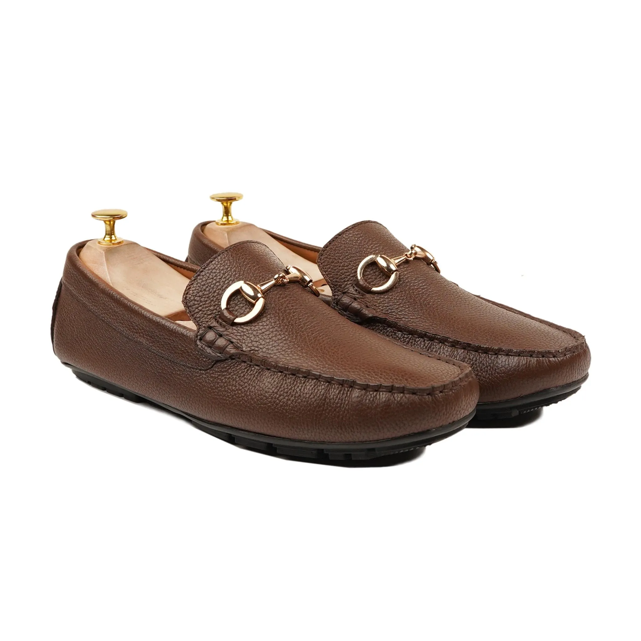 Handmade Custom Brown Pebble Grain Leather Driver Mens Loafers