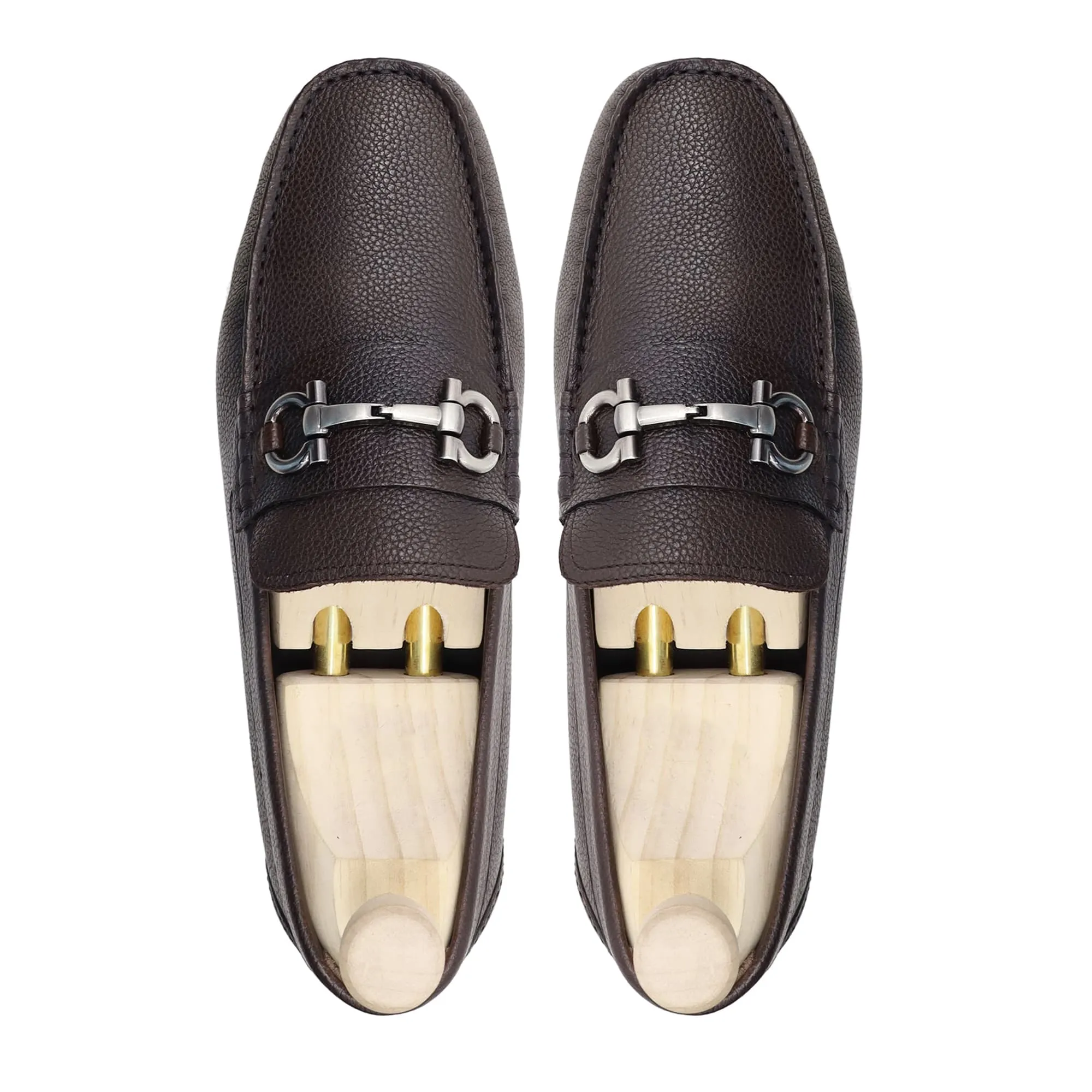 Handmade Custom Dark Brown Pebble Grain Leather Driver Mens Loafers