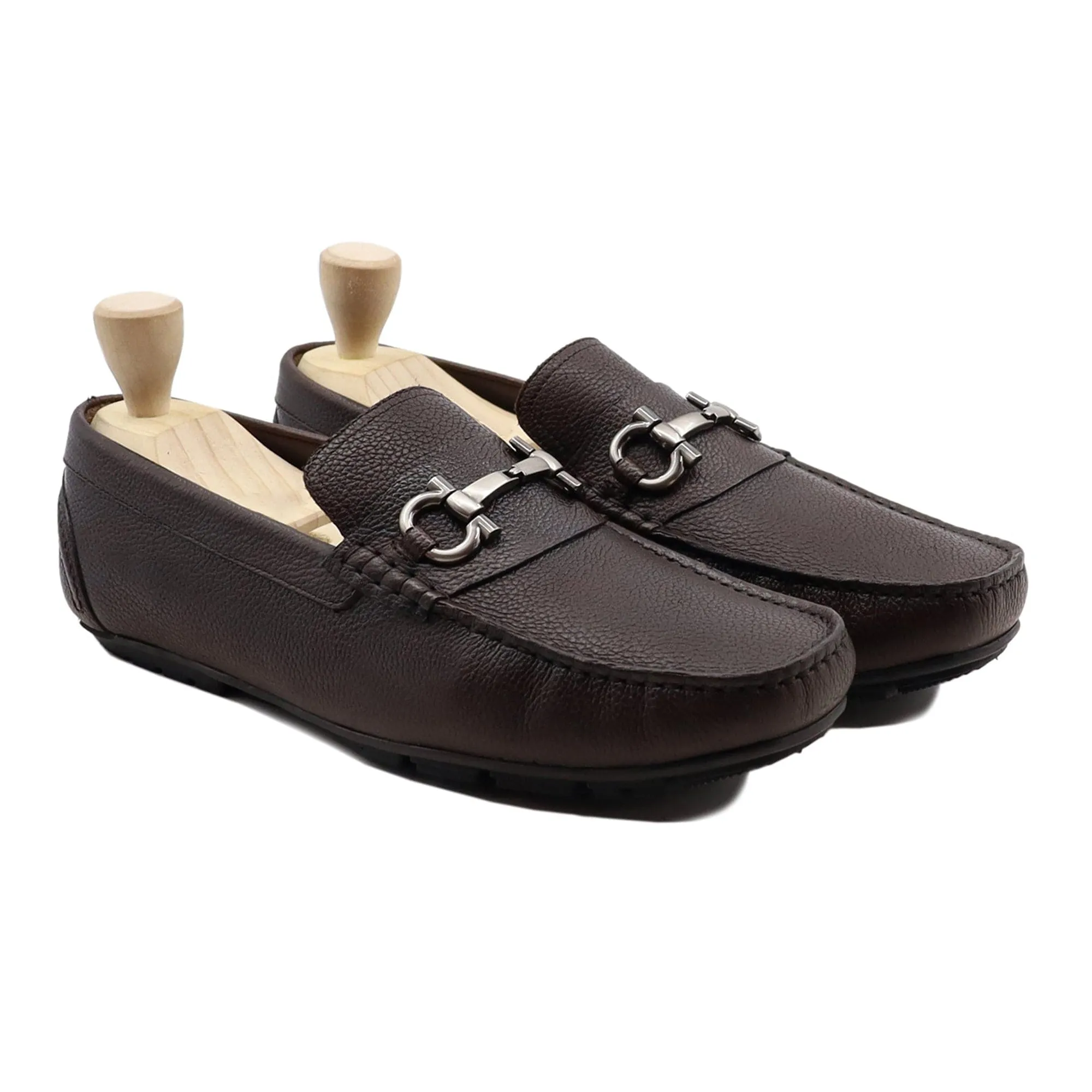 Handmade Custom Dark Brown Pebble Grain Leather Driver Mens Loafers