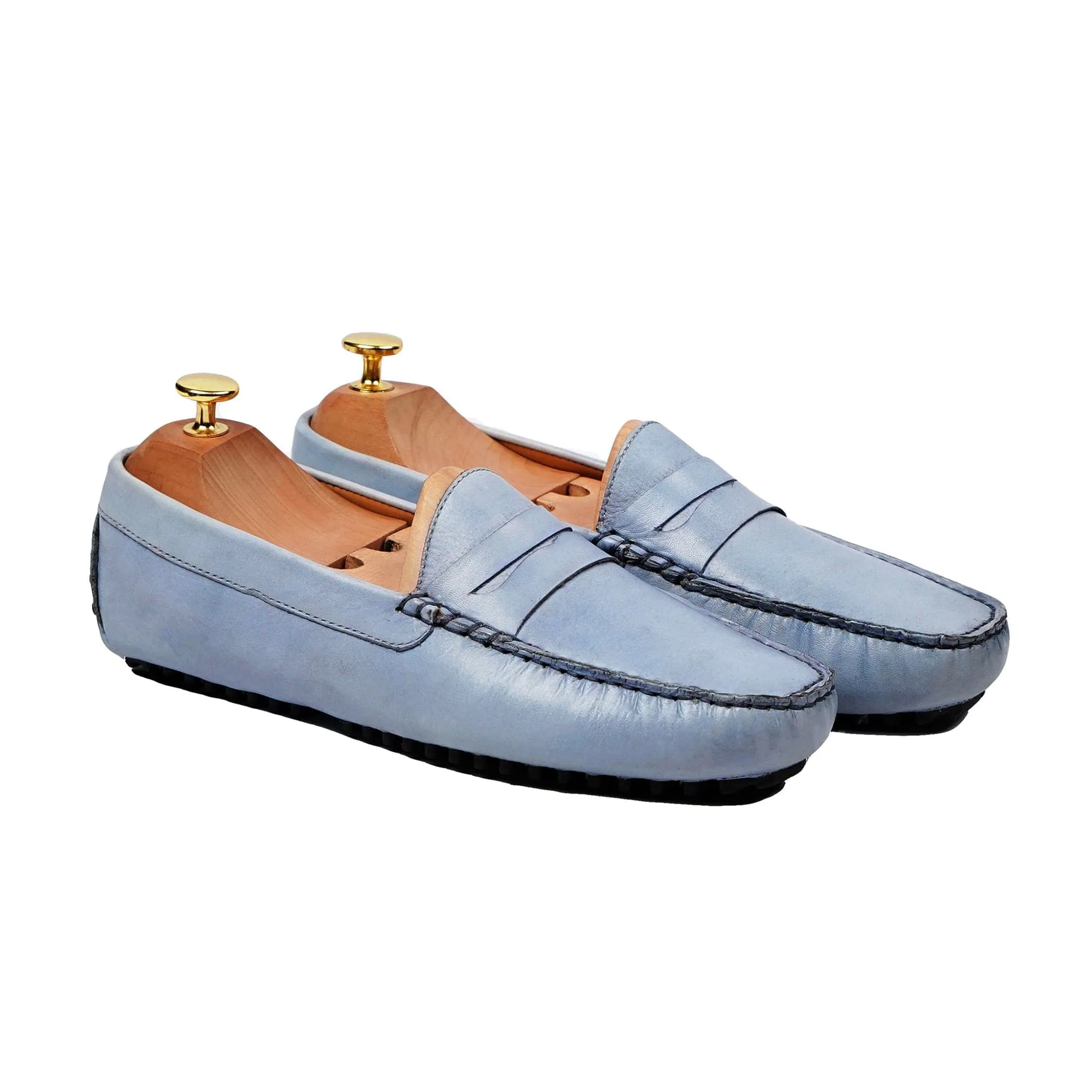 Handmade Custom Sky Blue Calf Leather Driver Mens Loafers