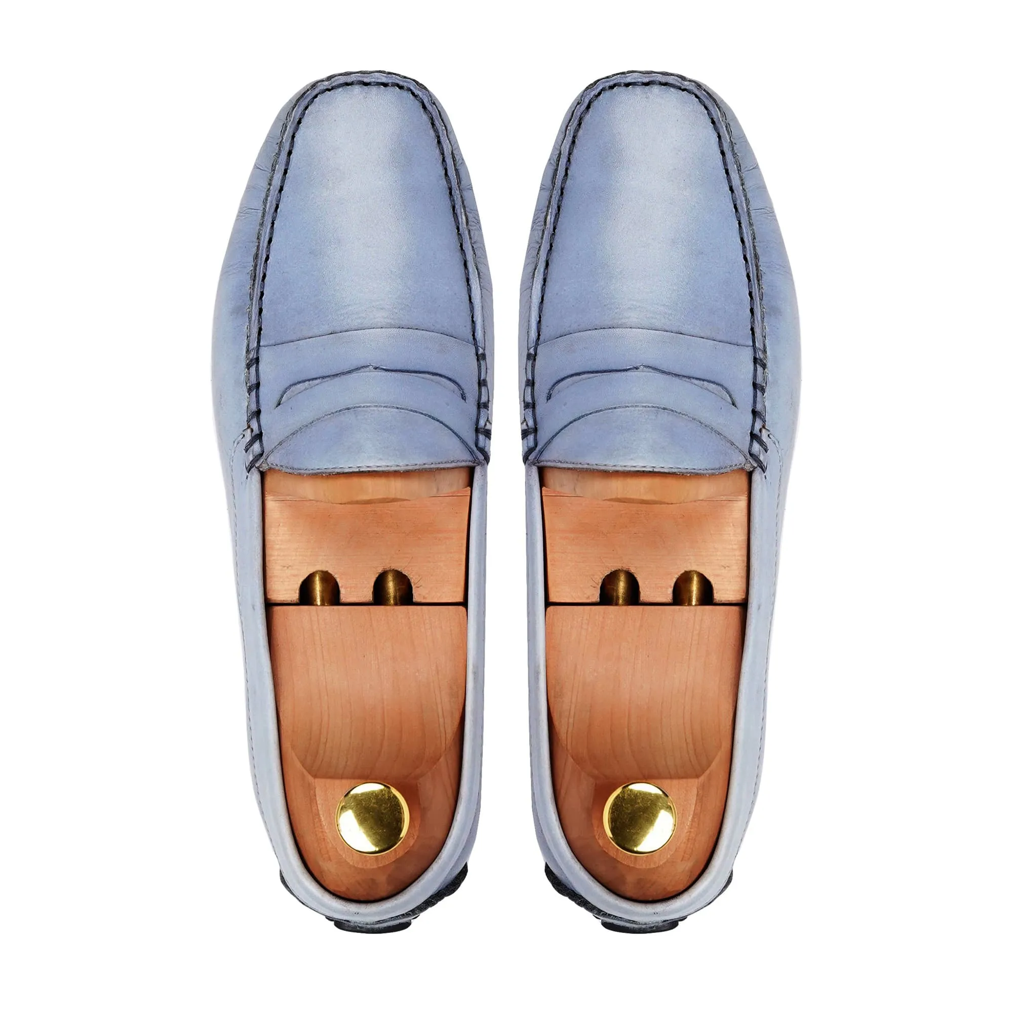 Handmade Custom Sky Blue Calf Leather Driver Mens Loafers