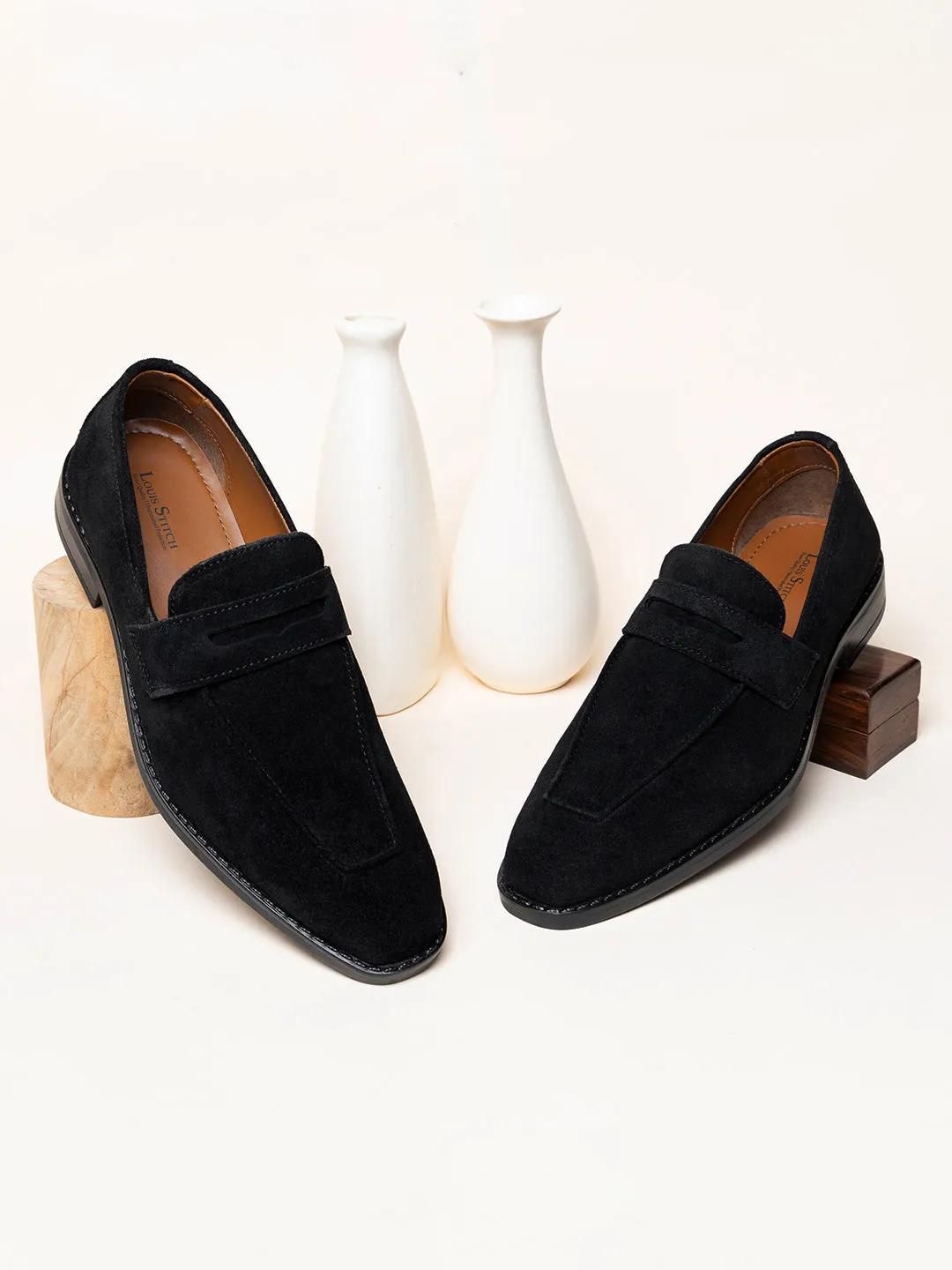 Jet Black Italian Suede Leather Moccasin Shoes