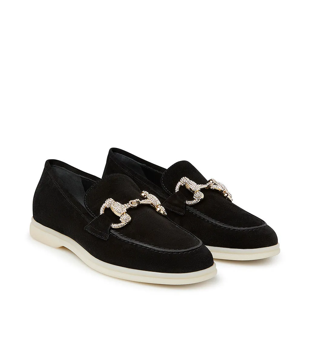 Jewel-buckle Black suede loafers