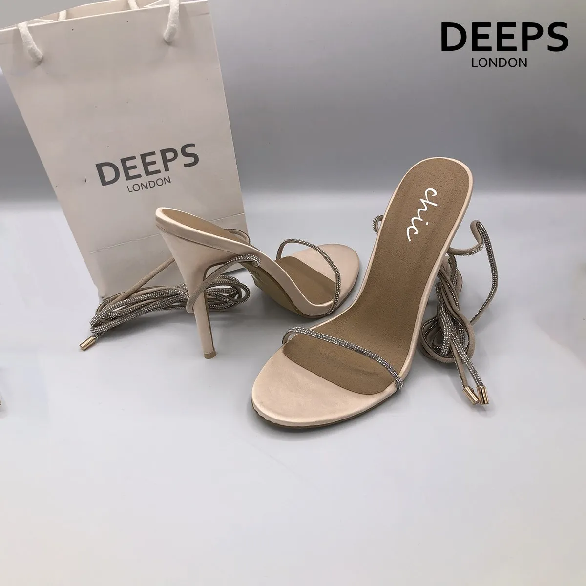NOMI SATIN RHINESTONE LACE-UP HEELS SILVER