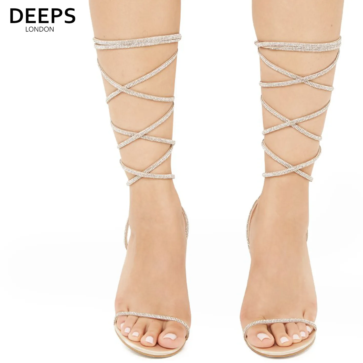 NOMI SATIN RHINESTONE LACE-UP HEELS SILVER