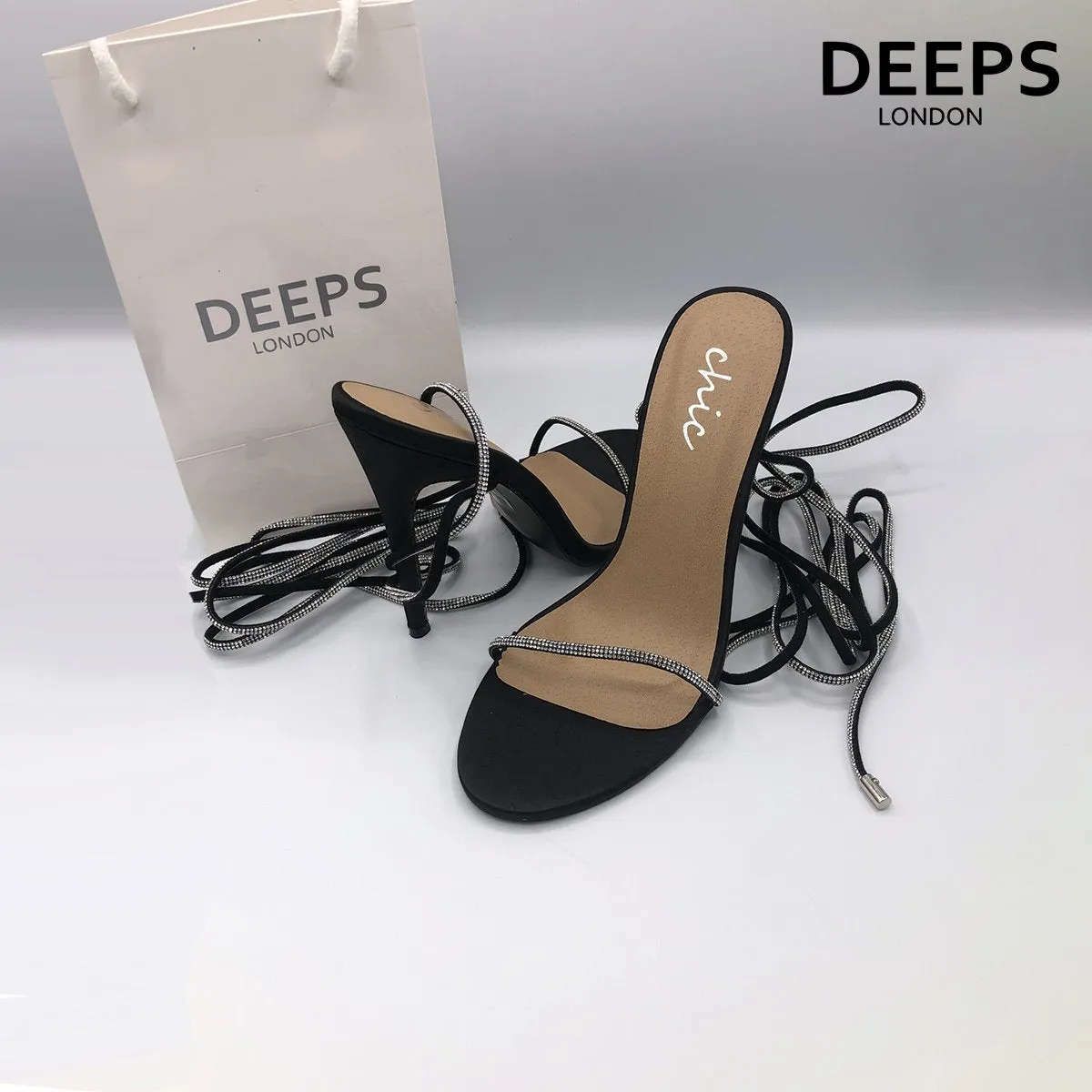 NOMI SATIN RHINESTONE LACE-UP HEELS SILVER