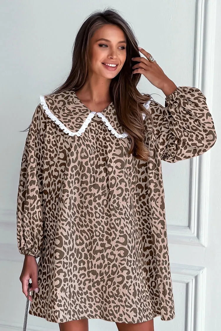 Oversized Peter Pan Collar Long Sleeve Leopard Print Babydoll Mini Dress