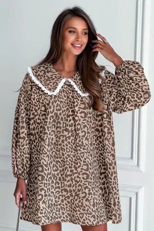 Oversized Peter Pan Collar Long Sleeve Leopard Print Babydoll Mini Dress