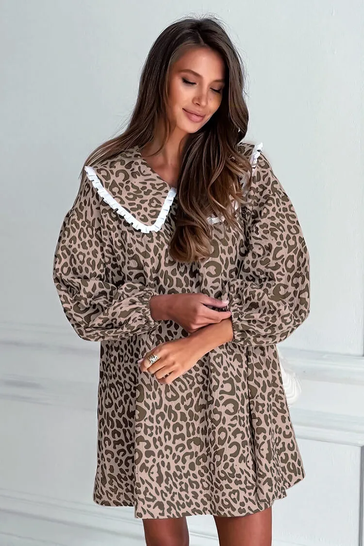 Oversized Peter Pan Collar Long Sleeve Leopard Print Babydoll Mini Dress