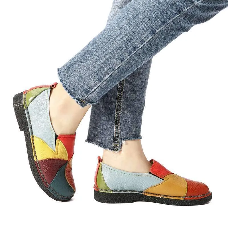 Socofy Vintage Genuine Leather Splicing Loafers Retro Soft Sole Non-slip Flats Shoes