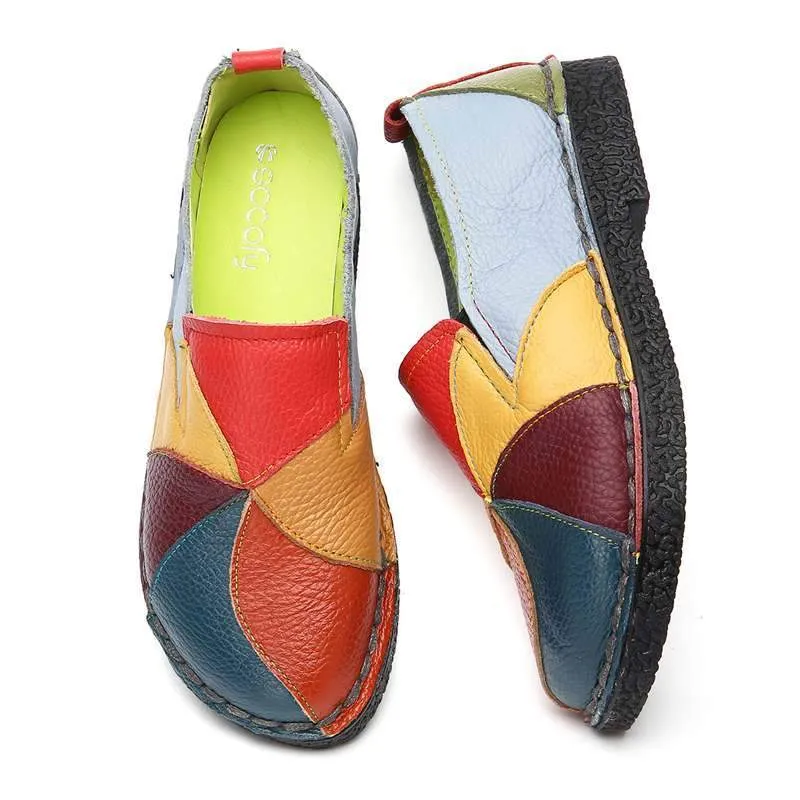 Socofy Vintage Genuine Leather Splicing Loafers Retro Soft Sole Non-slip Flats Shoes