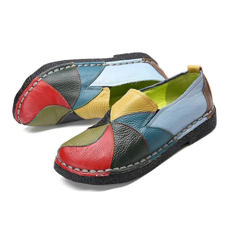 Socofy Vintage Genuine Leather Splicing Loafers Retro Soft Sole Non-slip Flats Shoes
