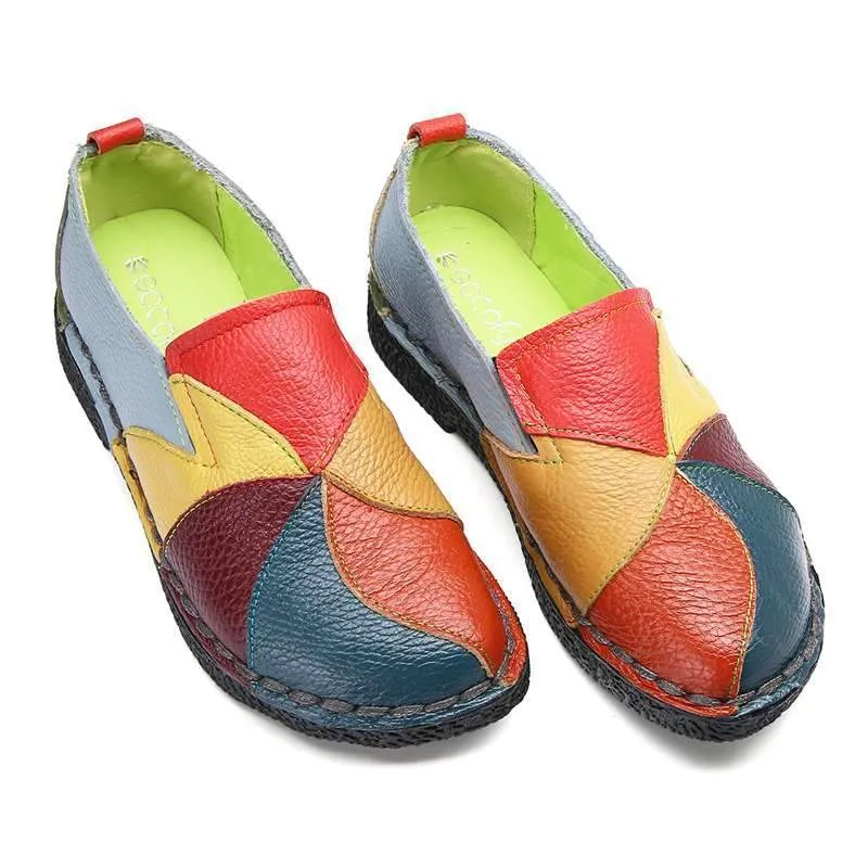 Socofy Vintage Genuine Leather Splicing Loafers Retro Soft Sole Non-slip Flats Shoes