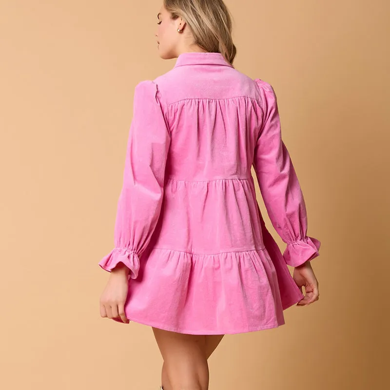 Soft Corduroy Solid Color Long Sleeve Loose Lantern Sleeve Dress