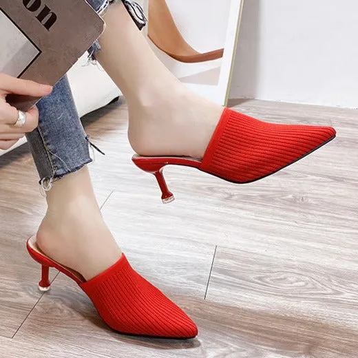 Women's summer knitted pointed toe stiletto heels mules
