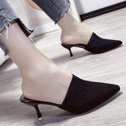 Women's summer knitted pointed toe stiletto heels mules