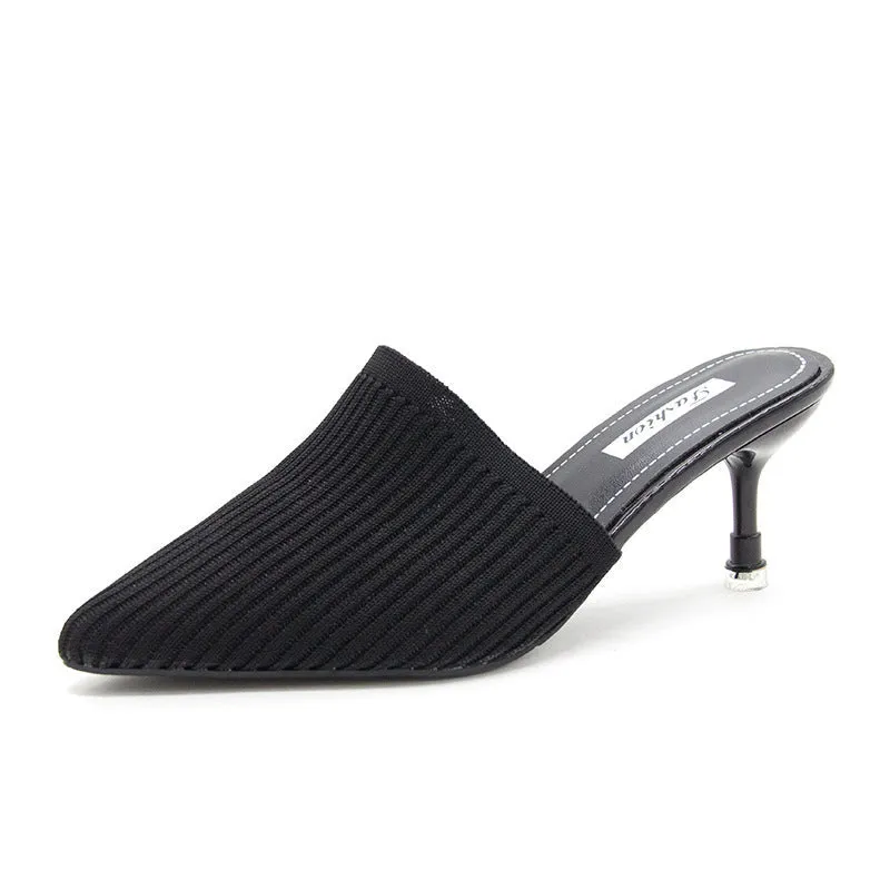 Women's summer knitted pointed toe stiletto heels mules