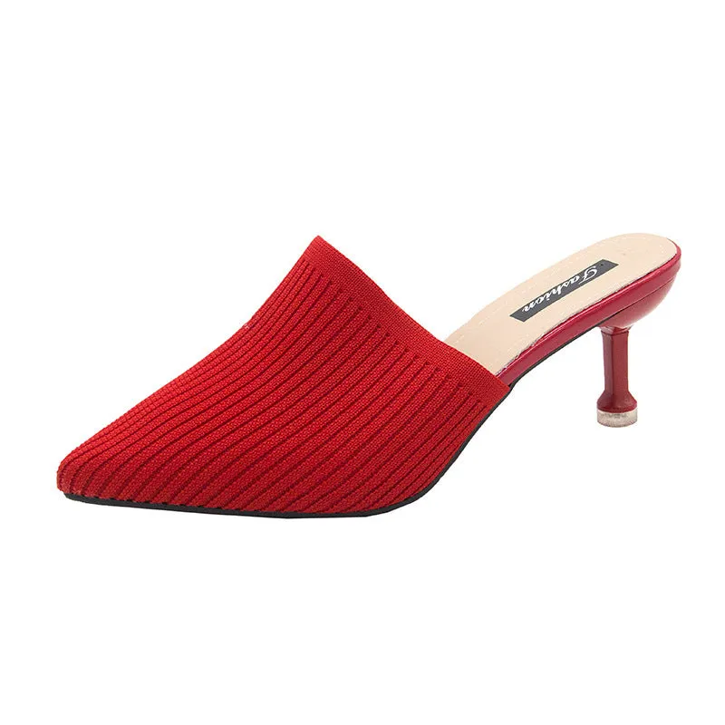 Women's summer knitted pointed toe stiletto heels mules