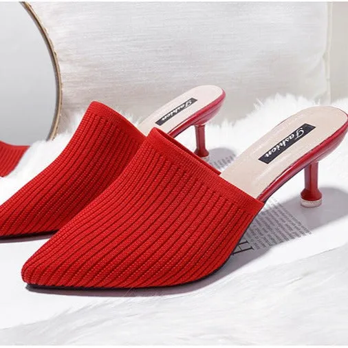 Women's summer knitted pointed toe stiletto heels mules