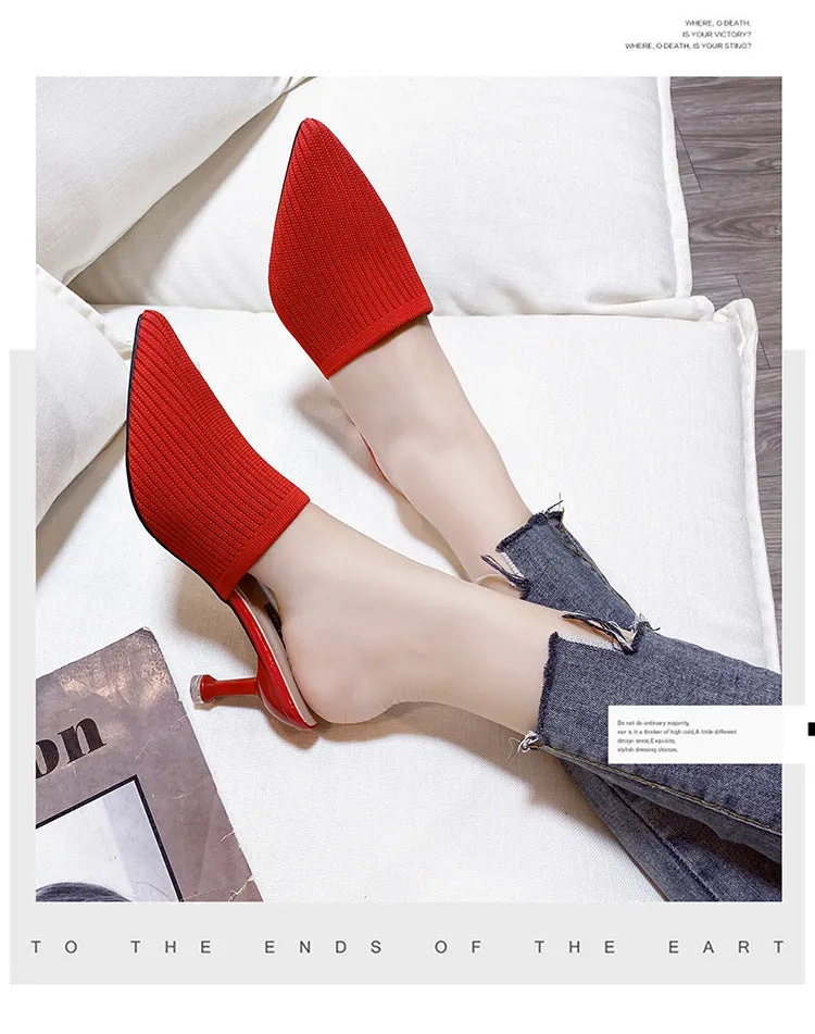 Women's summer knitted pointed toe stiletto heels mules