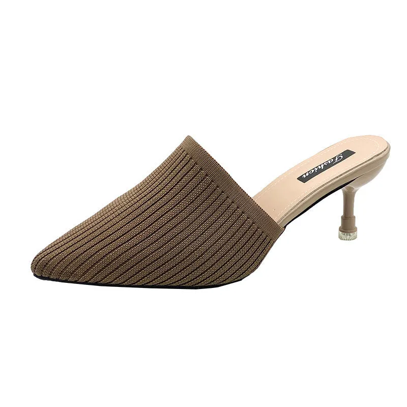 Women's summer knitted pointed toe stiletto heels mules