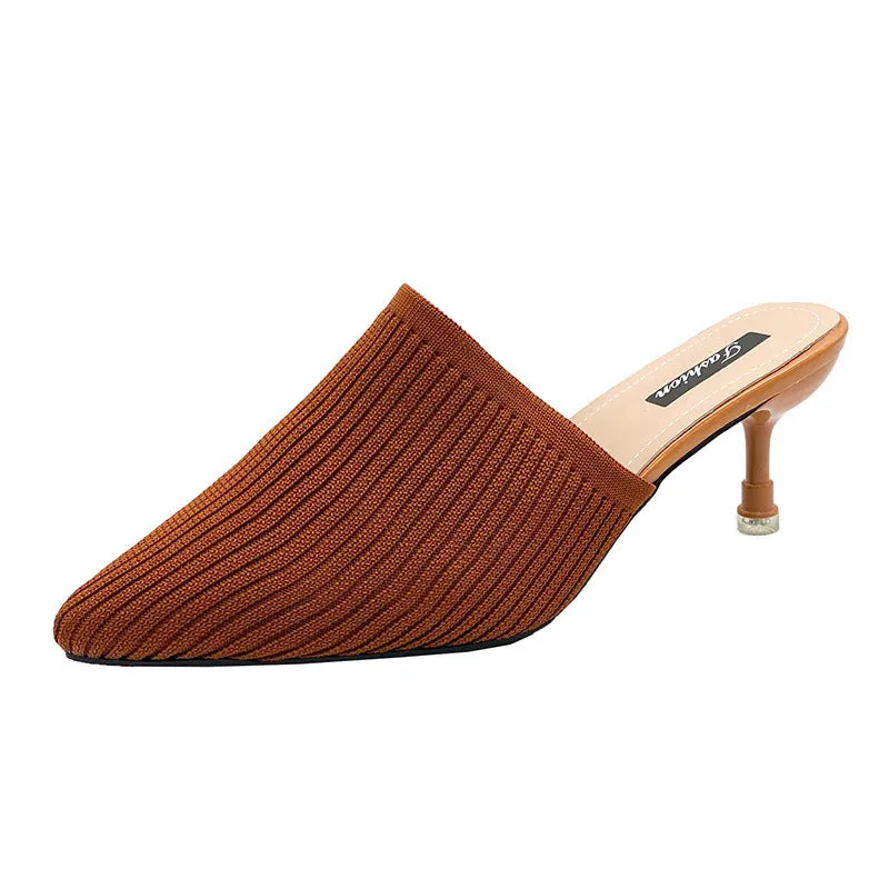 Women's summer knitted pointed toe stiletto heels mules