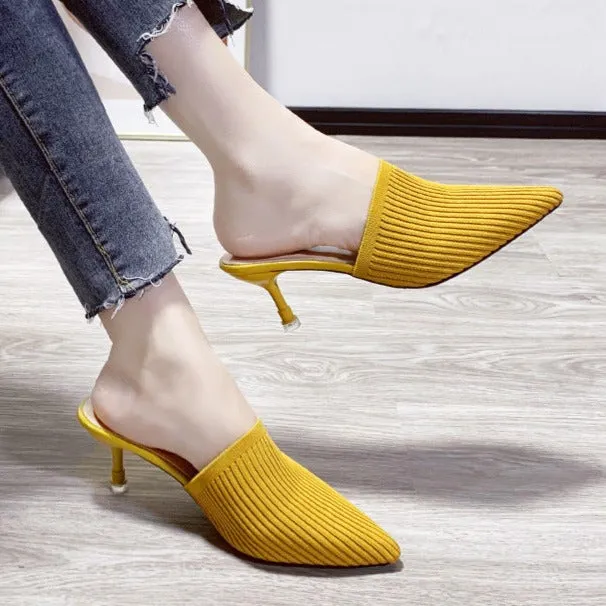 Women's summer knitted pointed toe stiletto heels mules