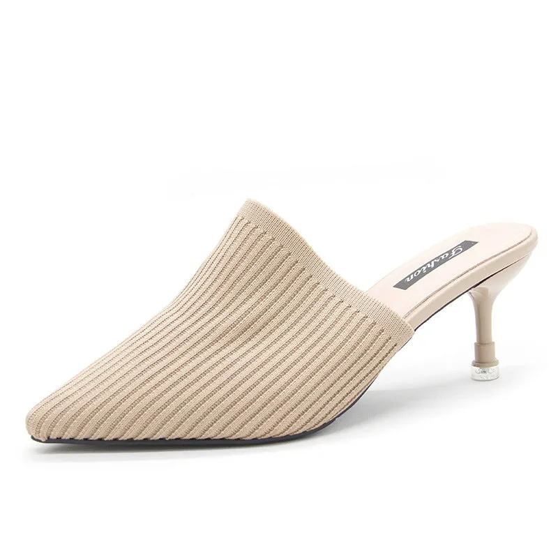 Women's summer knitted pointed toe stiletto heels mules