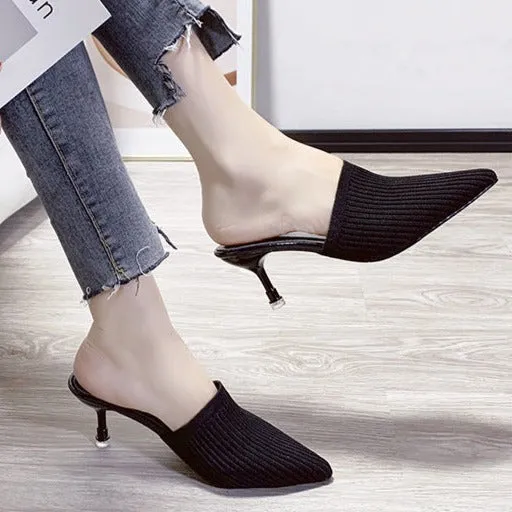 Women's summer knitted pointed toe stiletto heels mules