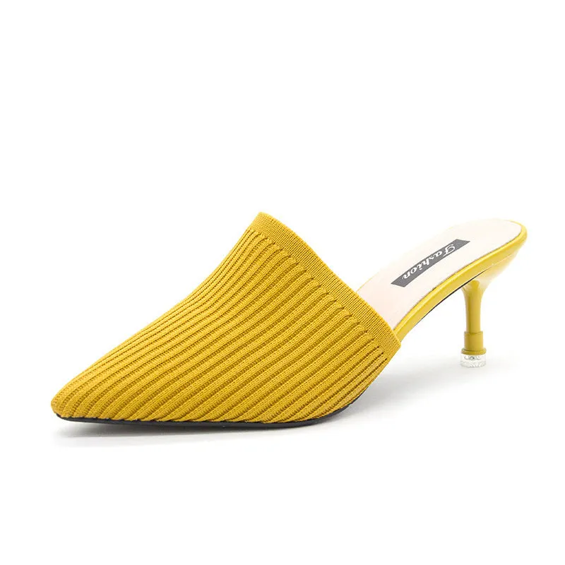 Women's summer knitted pointed toe stiletto heels mules